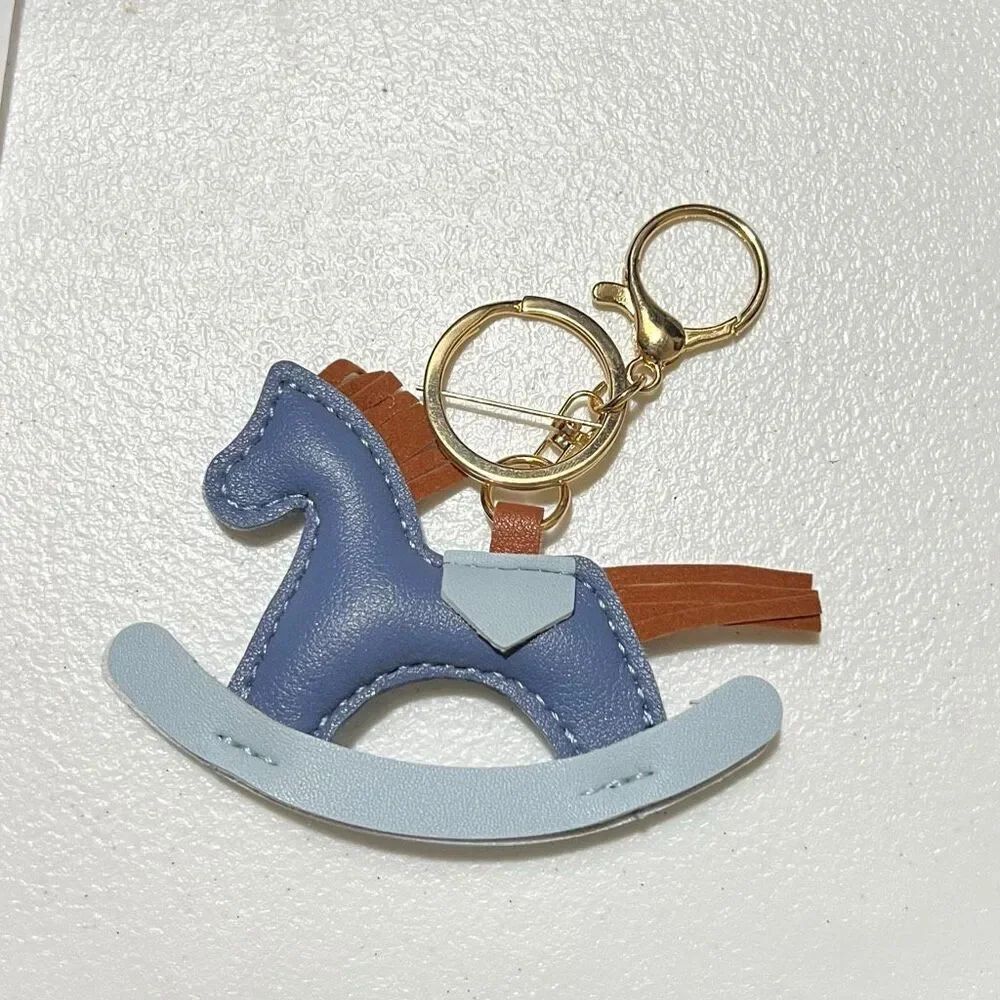 Mini Rocking Horse Purse Charm Leather and suede light blue/ brown keychain